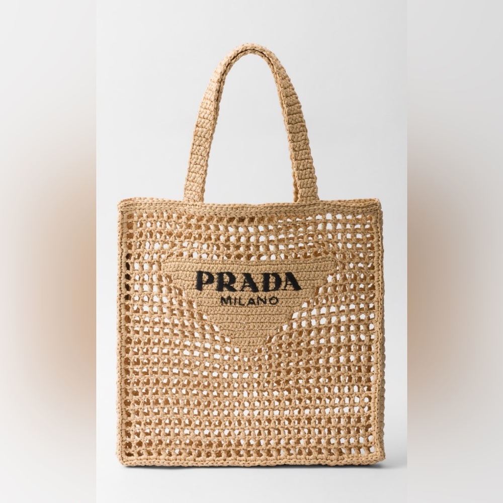 Prada Tan Raffia Tote Bag with Basket-Weave Pattern